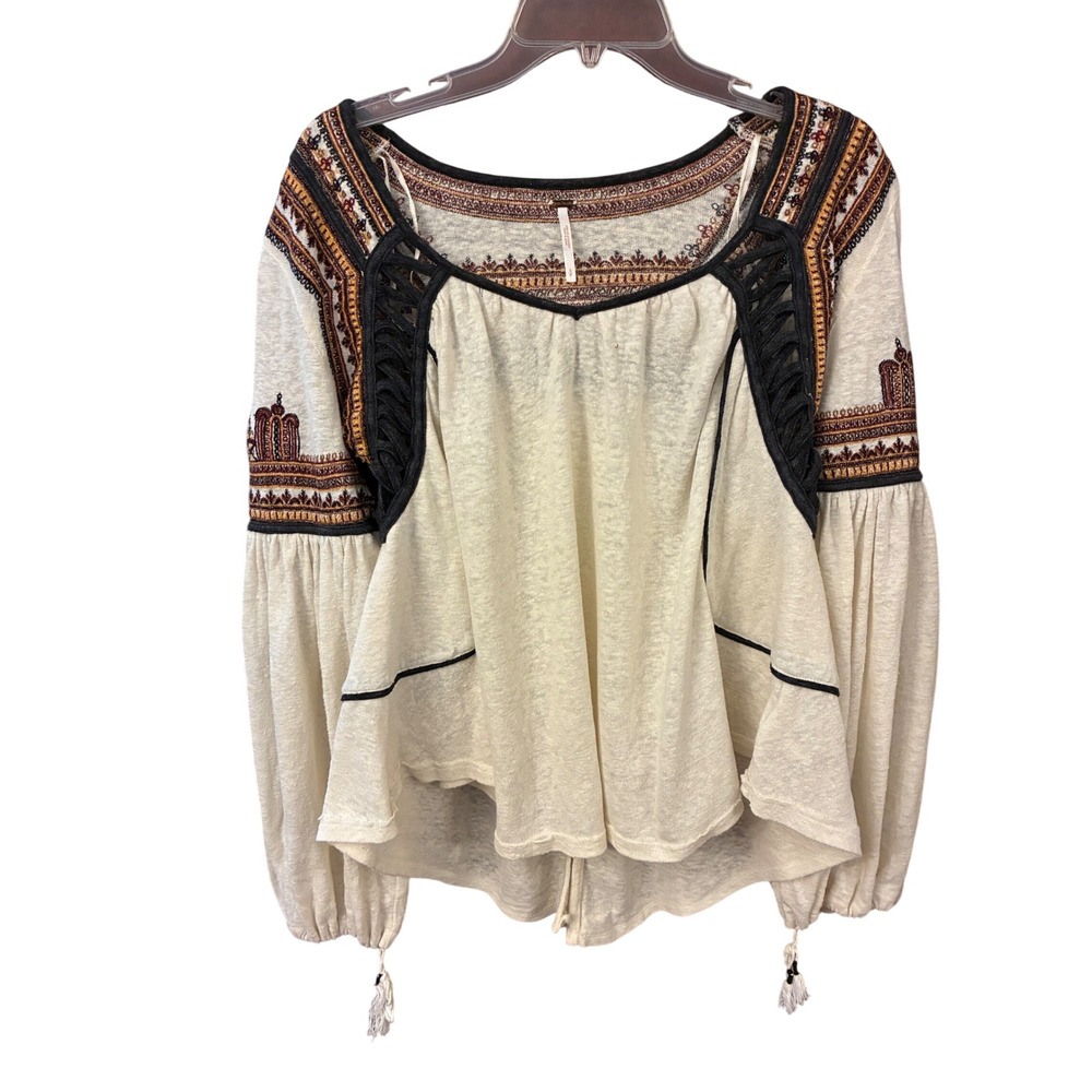 Free People Blouse Women S Ivory Excellent Embroidered Balloon Sleeve Boho Top